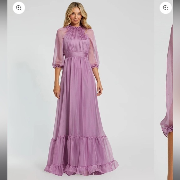Mac Duggal 68225 Light Purple Chiffon Ruched Illusion Raglan Sleeve Ruffle Gown - Picture 1 of 14